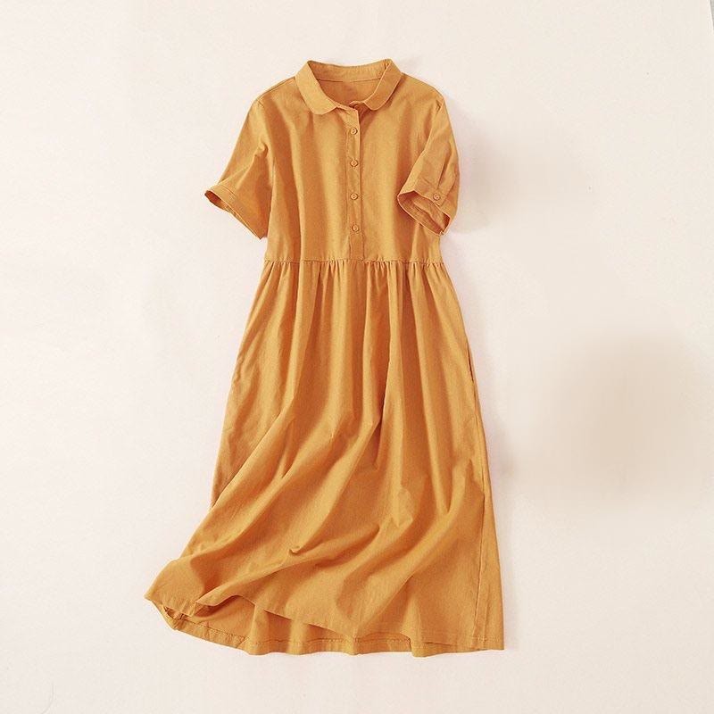 Summer Buttons Design Short Sleeve Cotton Linen Midi Dress With Pockets