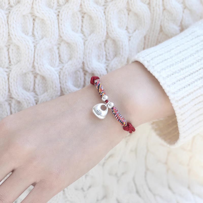 Handmade 925 Sterling Silver Fu Character Safe And Well Luck Braided Bracelet
