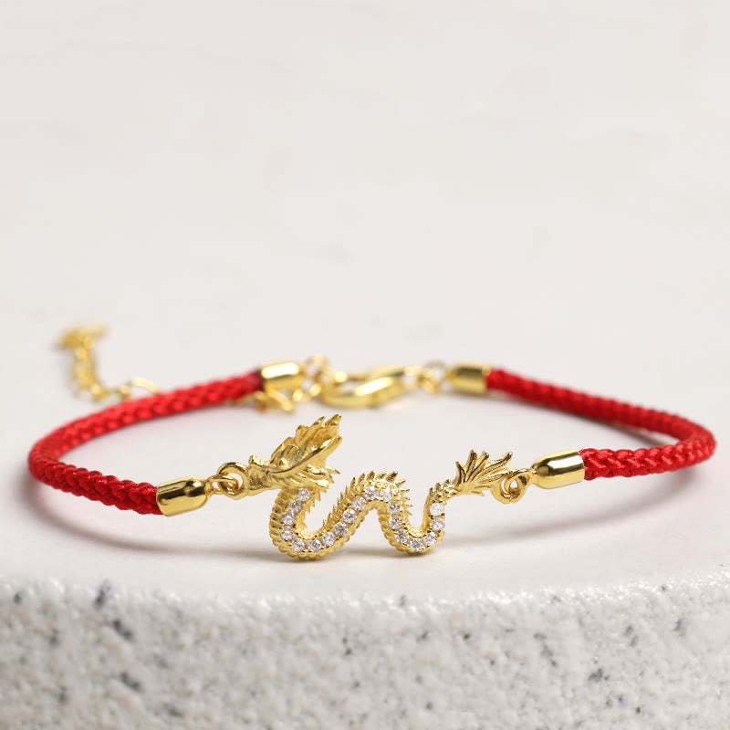 925 Sterling Silver Year Of The Dragon Auspicious Golden Dragon Luck Red Rope Chain Bracelet (Extra 30% Off | USE CODE: FS30)