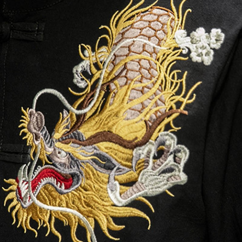 Frog-Button Chinese Dragon Auspicious Cloud Embroidery Half Sleeve Shirt Cotton Linen Men Clothing