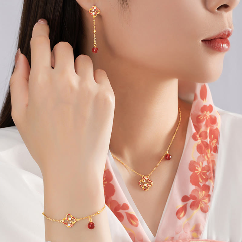 925 Sterling Silver Four Leaf Clover Koi Fish Red Agate Pearl Wealth Bracelet Necklace Pendant Earrings Set