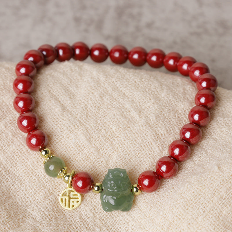 925 Sterling Silver Year of the Dragon Natural Cinnabar Hetian Jade Dragon Fu Character Ruyi As One Wishes Charm Blessing Bracelet (Extra 30% Off | USE CODE: FS30)