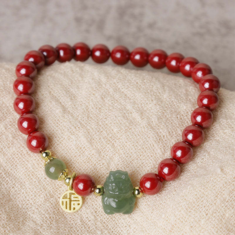 925 Sterling Silver Year of the Dragon Natural Cinnabar Hetian Jade Dragon Fu Character Ruyi As One Wishes Charm Blessing Bracelet (Extra 30% Off | USE CODE: FS30)
