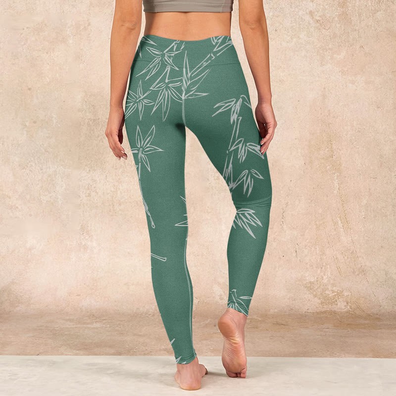 Green White Bamboo Leaves Print Gym Leggings Women's Yoga Pants