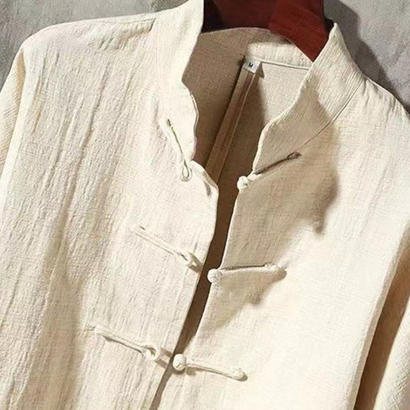 Men's Tang Long Sleeve Shirt Frog Button With Pocket Stand Collar Comfort Linen Shirt