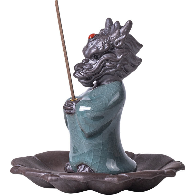 Praying Dragon King Lotus Base Fu Character Ceramic Healing Incense Burner Desk Decoration