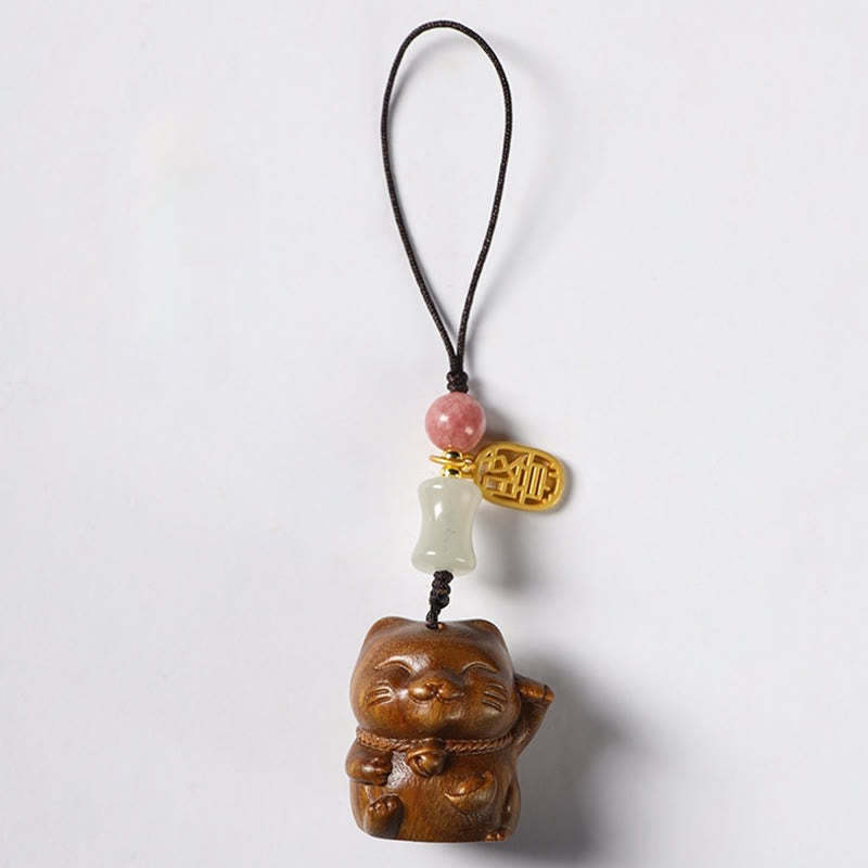 Small Leaf Red Sandalwood Green Sandalwood Sandalwood Lucky Cat Protection Key Chain Phone Hanging Decoration