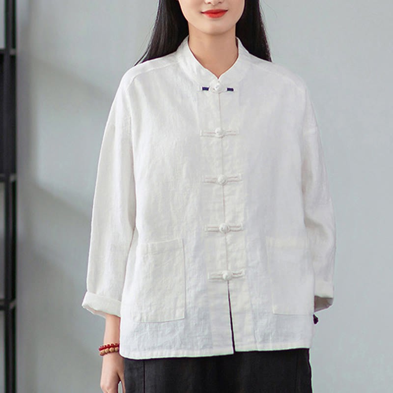 Solid Color Frog-button Long Sleeve Linen Women's Shirts With Pockets