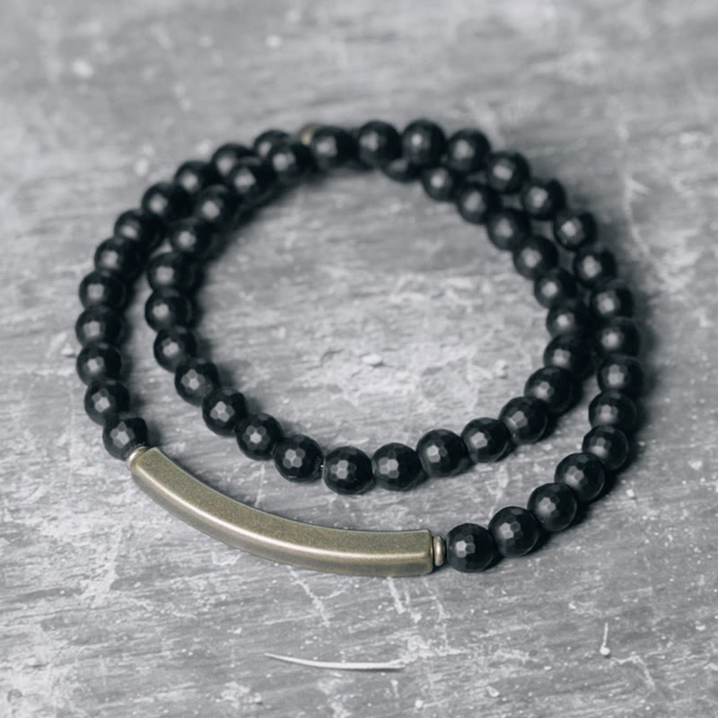 Frosted Cut Surface Black Onyx Copper Brass Double Wrap Protection Bracelet