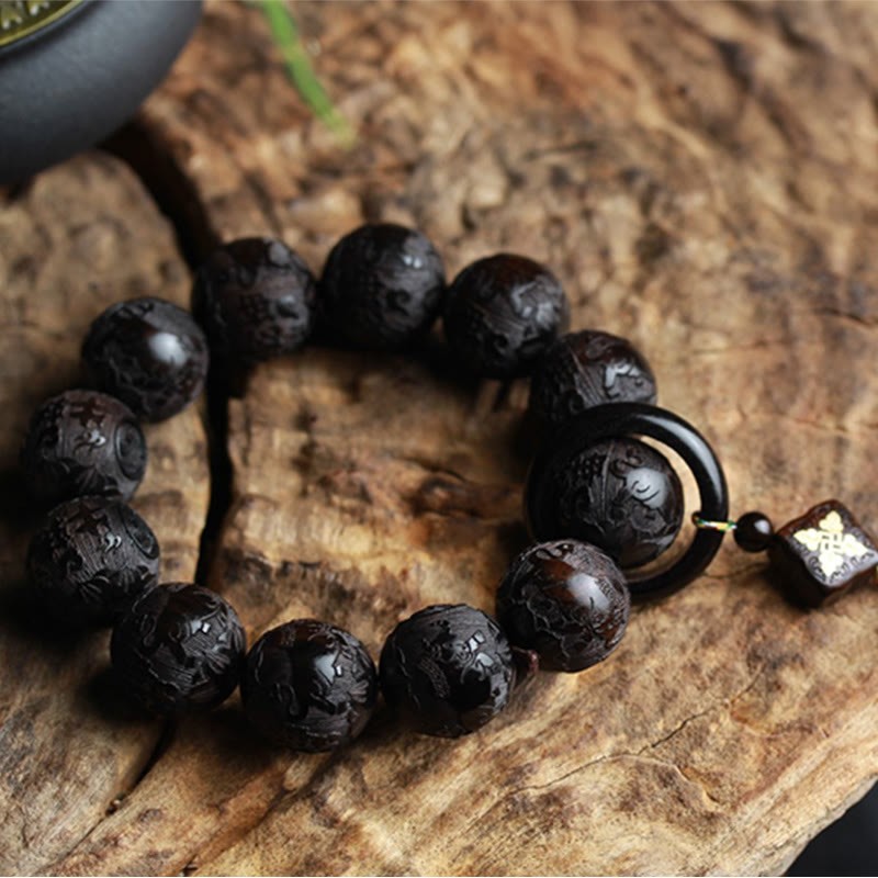 Ebony Wood Chinese Character Yin Yang Engraved Gourd Balance Bracelet