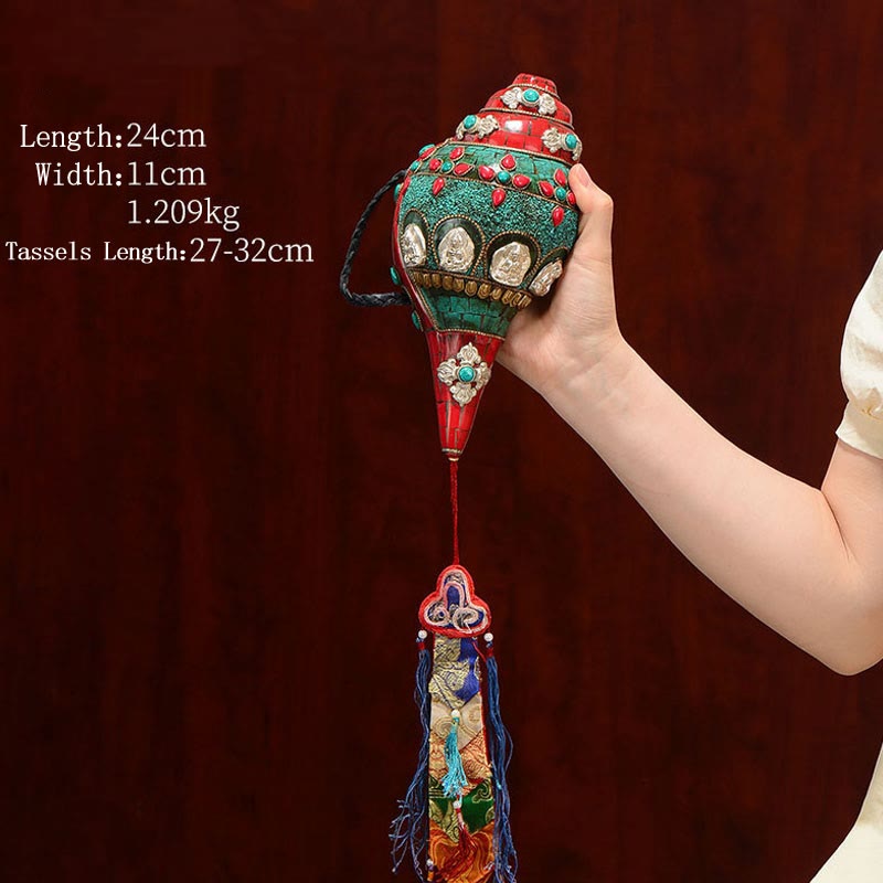 Tibetan Handmade Shankha Om Mani Padme Hum mystic zen Avalokitesvara Turquoise Conch Shell Positive Decoration