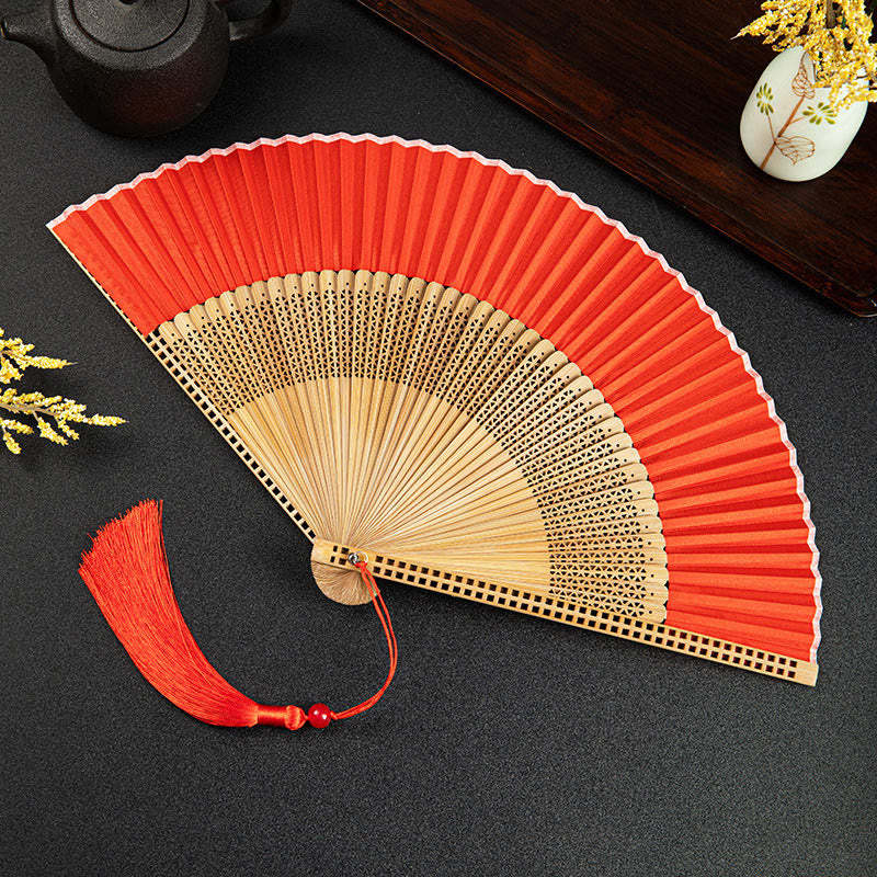 Cranes Auspicious Clouds Solid Color Gradient Handheld Cotton Linen Fabric Bamboo Folding Fan