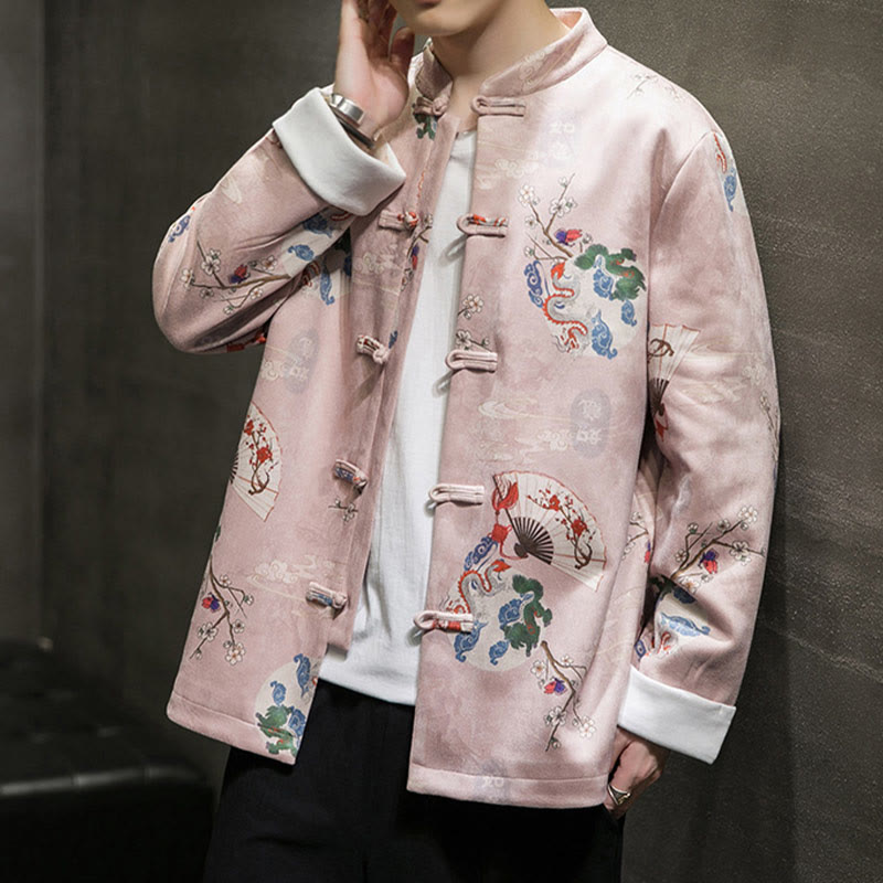 Chinese New Year Clothes Flowers Dragon Fan Auspicious Clouds Frog-button Tang Suit Cotton Men's Jacket Shirt