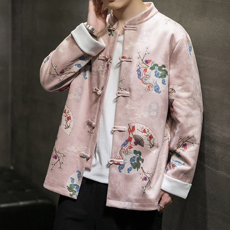 Chinese New Year Clothes Flowers Dragon Fan Auspicious Clouds Frog-button Tang Suit Cotton Men's Jacket Shirt