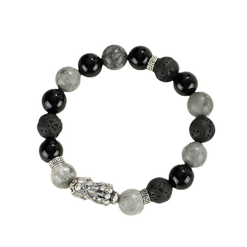 999 Sterling Silver PiXiu Black Onyx Grey Jasper Lava Rock Protection Bracelet