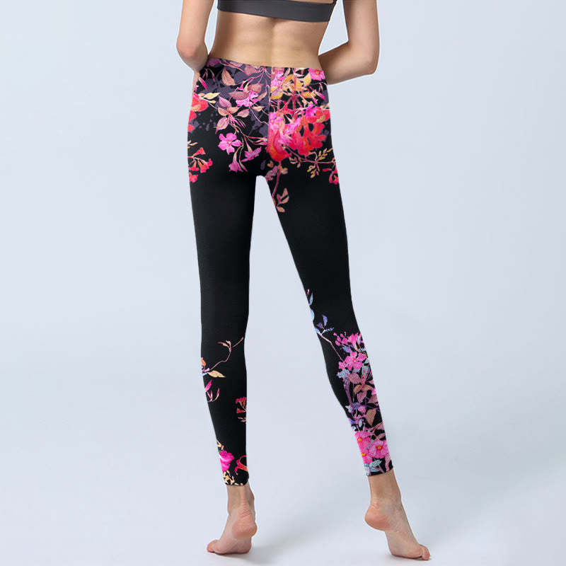 Black Pink Floral Leaves Print Gym Leggings Women's Yoga Pants