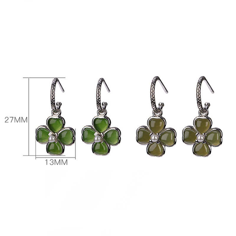 925 Sterling Silver Natural Cyan Jade Four Leaf Clover Luck Success Earrings
