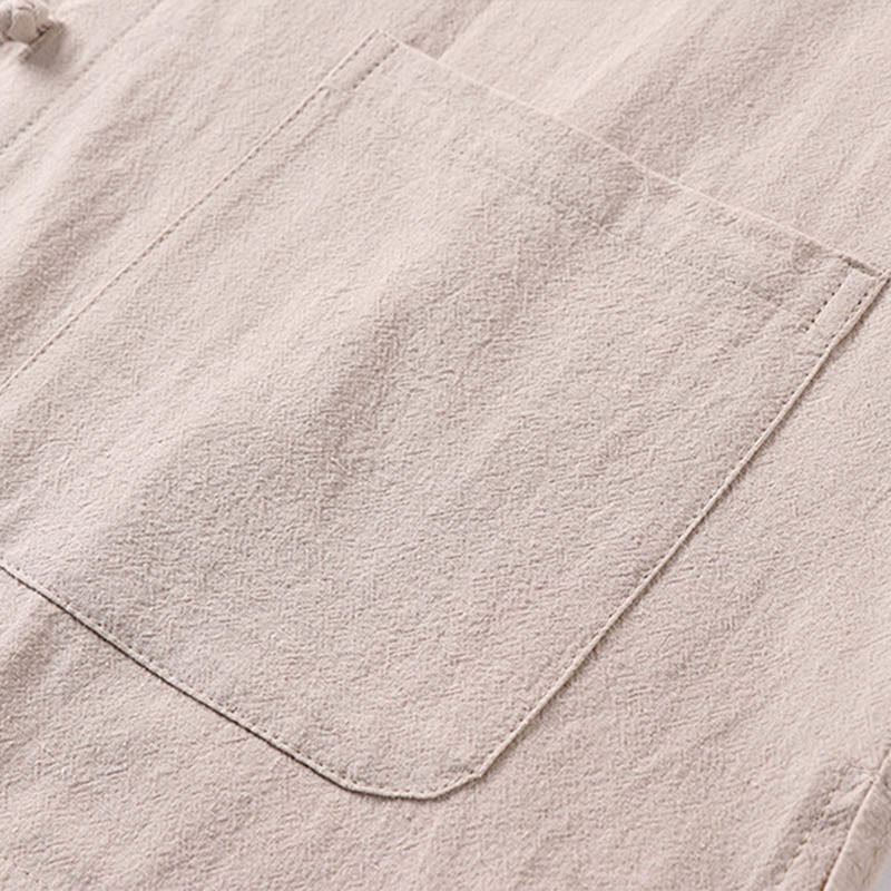 Casual Plain Color Three Quarter Sleeve Front Button Cotton Linen Men's Shirt With Pockets