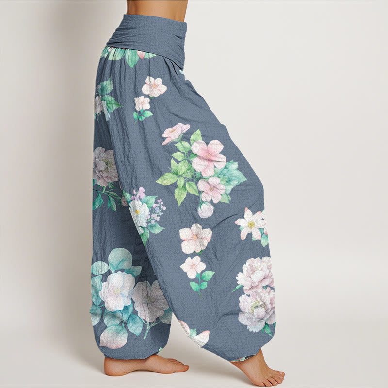 Peony White Flowers Pattern Design Women's Elastic Waist Harem Pants