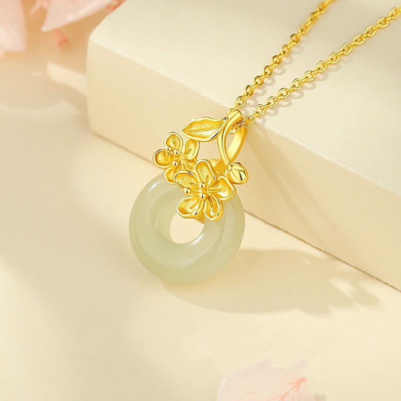 Hetian Jade 999 Sterling Silver Peace Buckle Peach Blossom Necklace Pendant
