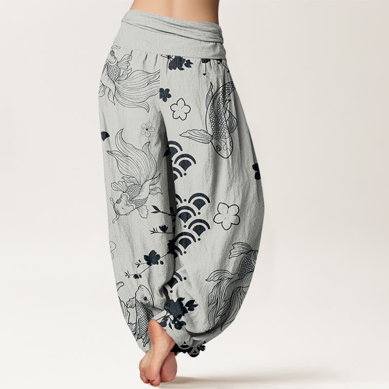 Koi Fish Waves Flowers Design Women's Elastic Waist Harem Pants