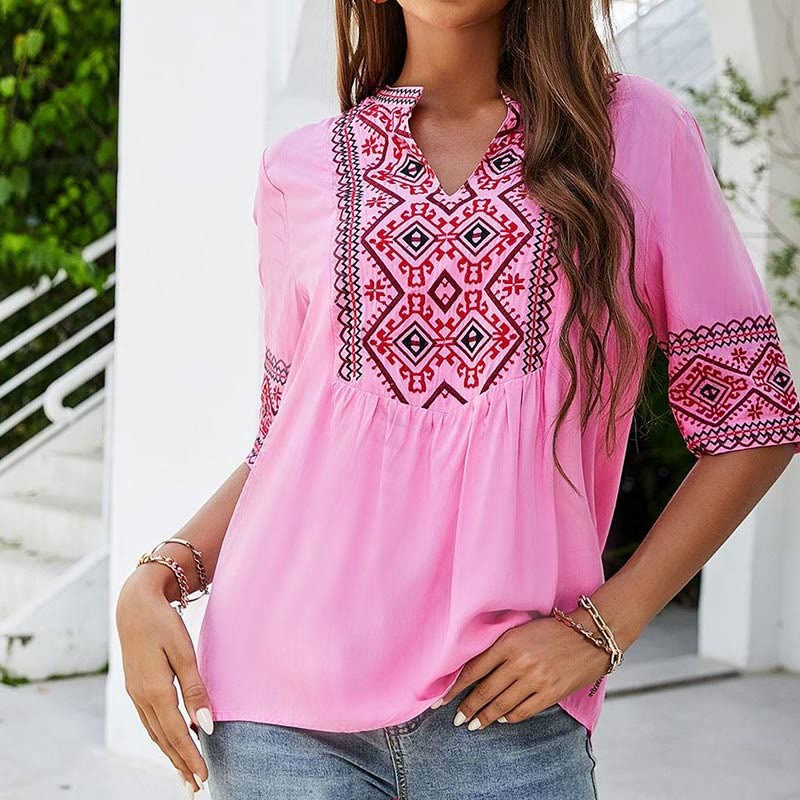 Summer Boho Embroidery Floral Pattern Half Sleeve V-neck Cotton Women's T-Shirt