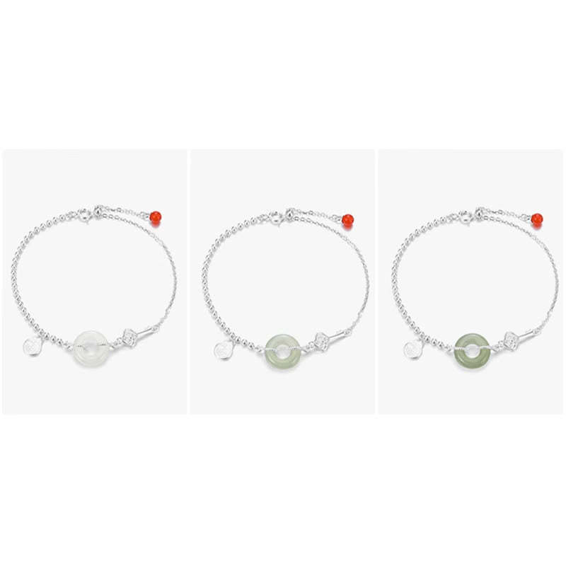 925 Sterling Silver Hetian Jade Peace Buckle Fu Character Luck Chain Bracelet