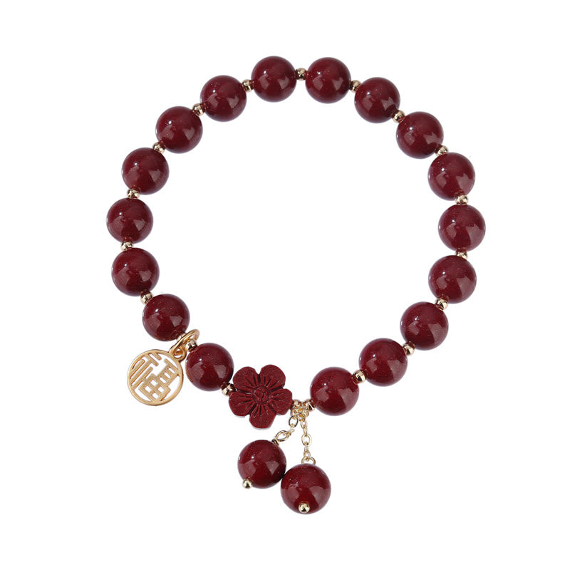 Cinnabar Fu Character Cherry Blossom Blessing Bracelet