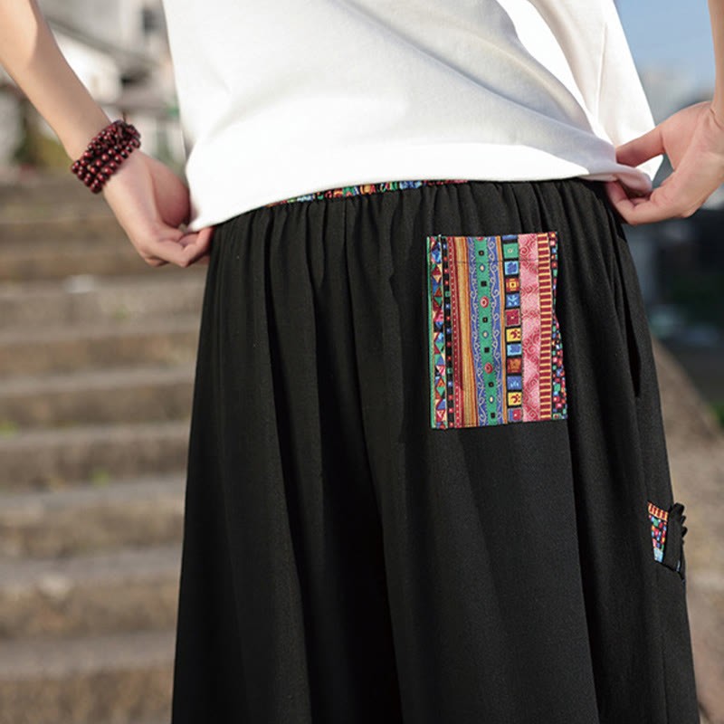 Bohemian Patchwork Pattern Cotton Drawstring Men's Wide Leg Pants With Pockets