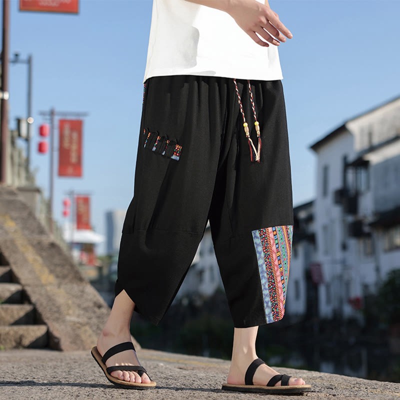 Bohemian Patchwork Pattern Cotton Drawstring Men's Wide Leg Pants With Pockets