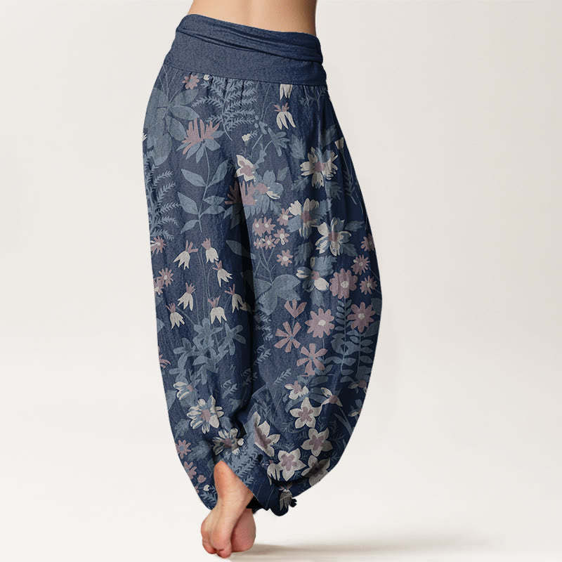 Casual Daisy Flowers Leaves Design Women's Elastic Waist Harem Pants