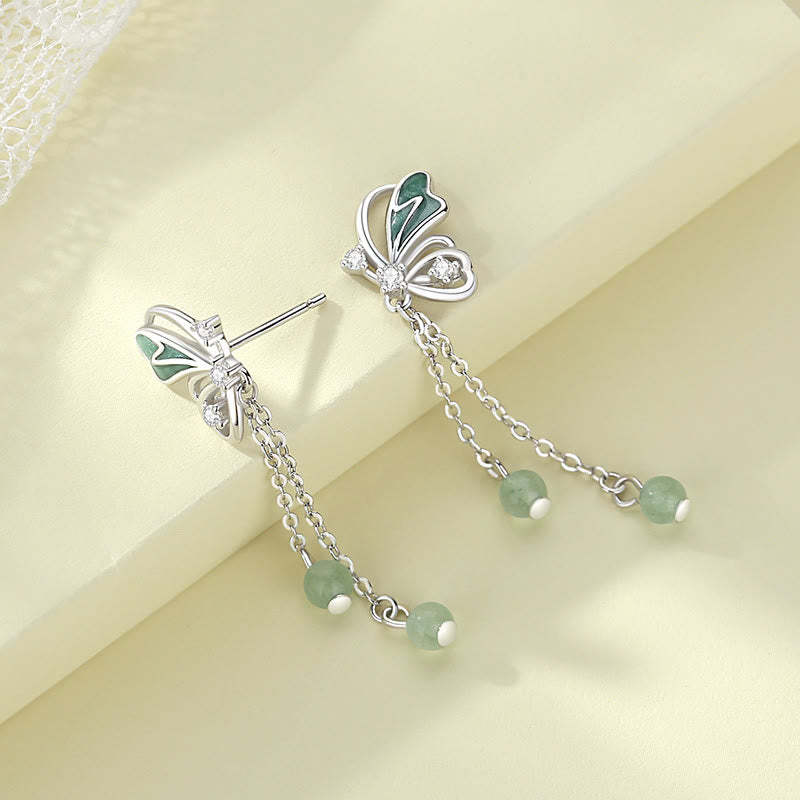 925 Sterling Silver Natural Green Aventurine Butterfly Luck Necklace Pendant Earrings Set