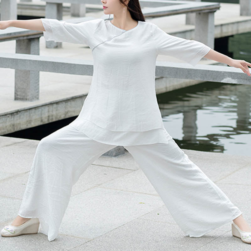 2Pcs Simple Design White Top Pants Meditation Yoga Zen Tai Chi Cotton Linen Clothing Women's Set
