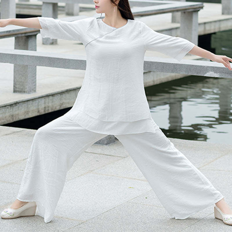 2Pcs Simple Design White Top Pants Meditation Yoga Zen Tai Chi Cotton Linen Clothing Women's Set