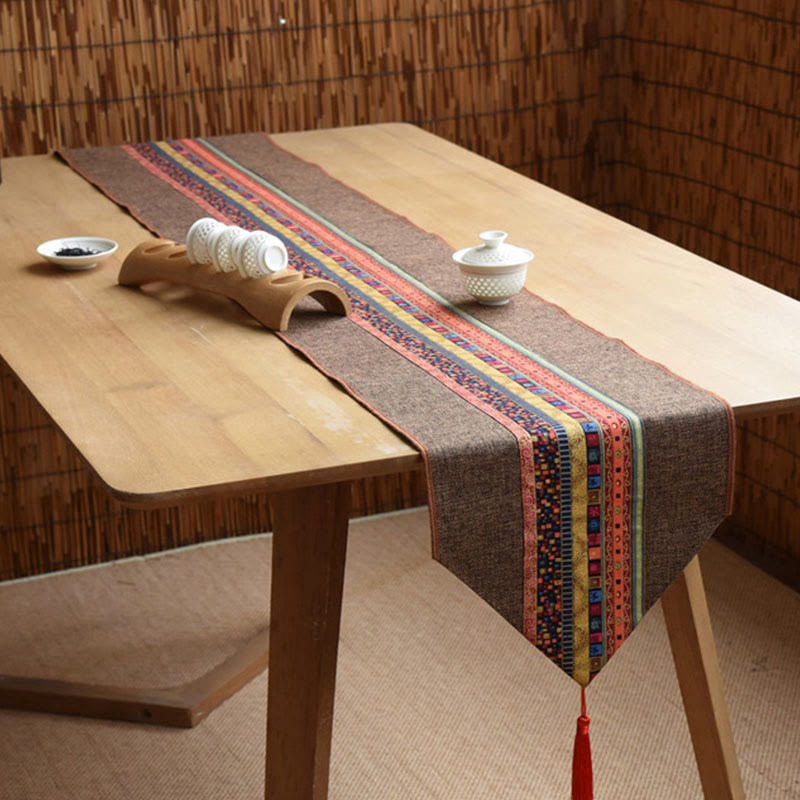 Classic Chinese Style Lotus Koi Fish Flower Crane Calligraphy Enlightenment Cotton Linen Tassels Table Runner