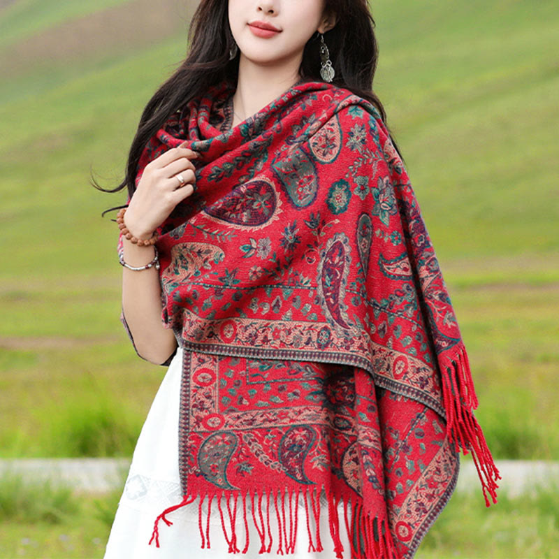 Tibetan Cashew Flowers Leaves Vine Tassels Shawl Fall Winter Soft Cozy Scarf Wrap