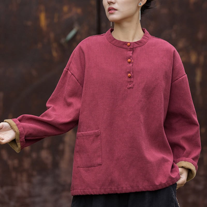 Retro Solid Color Thermal Long Sleeve Ramie Linen Women's Shirt