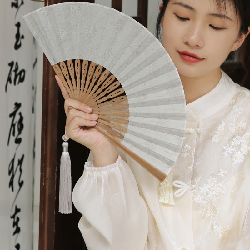 Solid Color Hollow Flowers Embroidery Cotton Fabric Handheld Bamboo Folding Fan