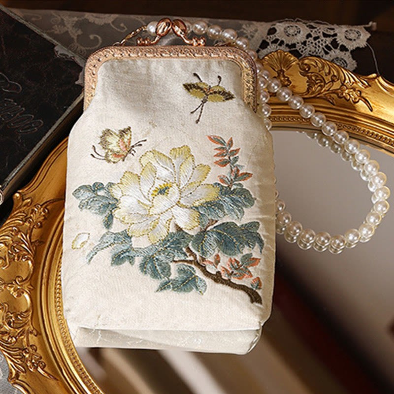 Small Flowers Butterfly Embroidered Pearl Metal Chain Shoulder Bag Crossbody Handbag Cellphone Bag