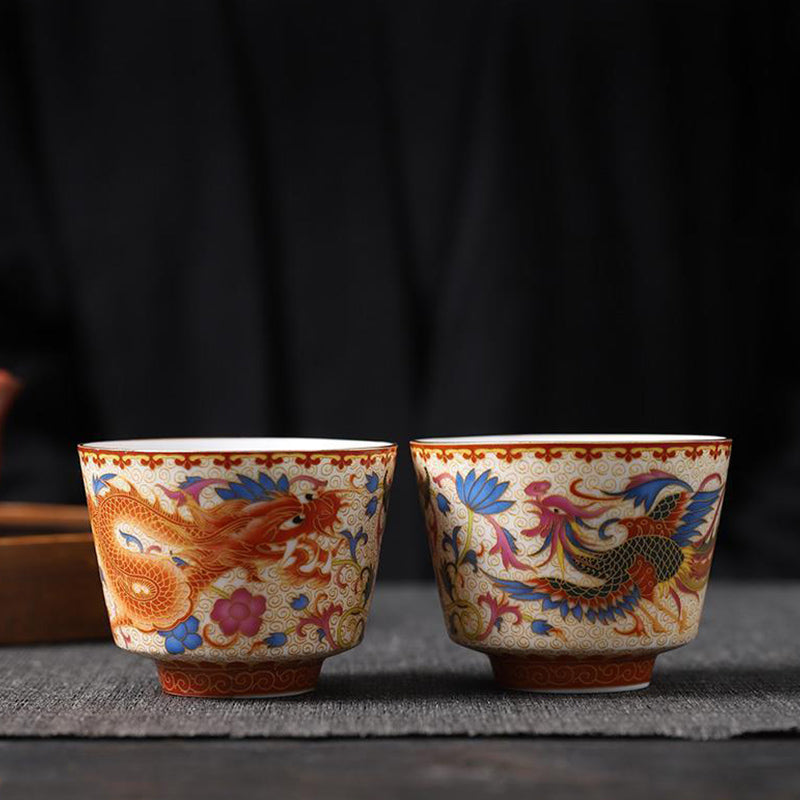 2Pcs Dragon Phoenix Ceramic Teacup Kung Fu Tea Cups