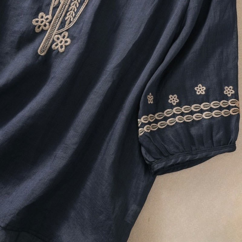 Artistic Plain Floral Embroidered Design Crew Neck Puff Half Sleeve Cotton Linen Women's T-Shirt