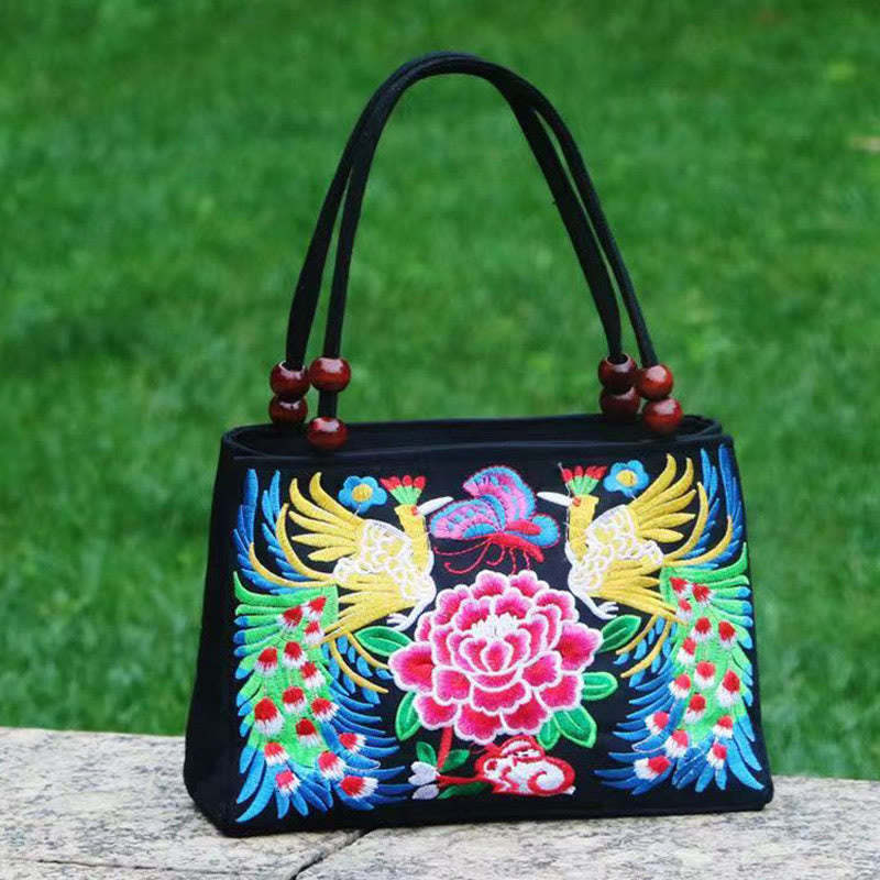 Galsang Inula Flower Peony Peacock Double-Sided Embroidery Canvas Shopping Purse Handbag