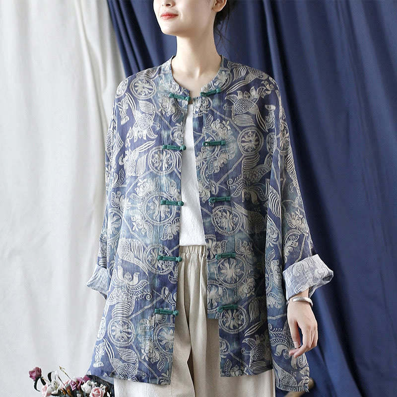 Birds Flowers Geometry Frog-Button Long Sleeve Ramie Linen Jacket Shirt