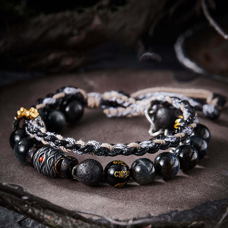 925 Sterling Silver Lava Rock Eagle's Eye Stone Lucky Beads Handmade Healing Bracelet