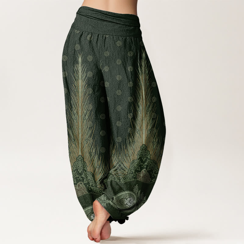 Feather Pattern Design Women's Elastic Waist Harem Pants