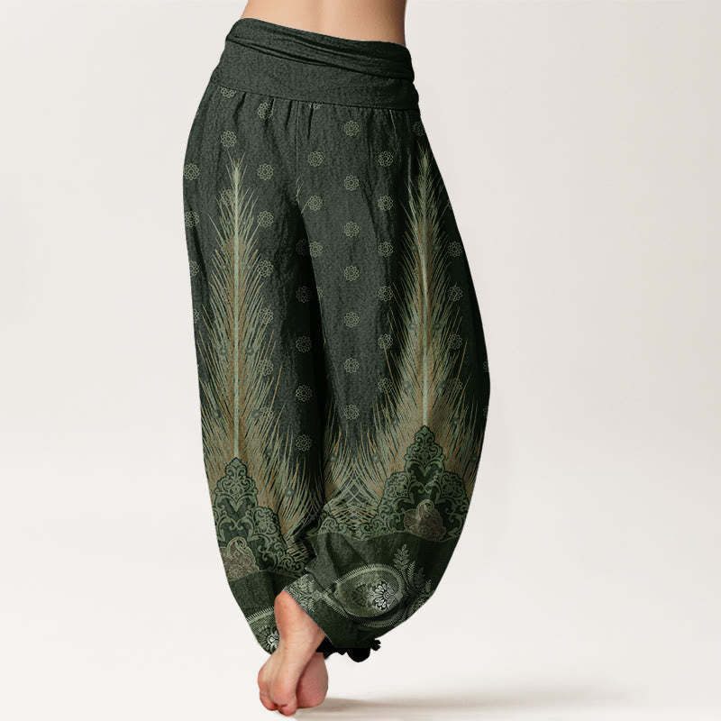 Feather Pattern Design Women's Elastic Waist Harem Pants