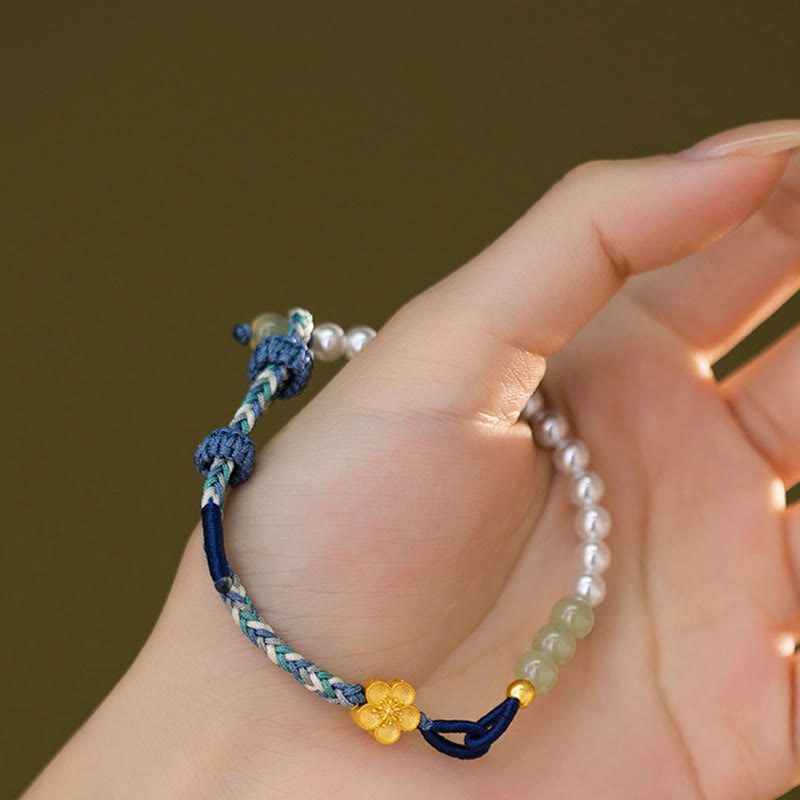 925 Sterling Silver Hetian Jade Peach Blossom Flower Pearl Braided Luck Bracelet