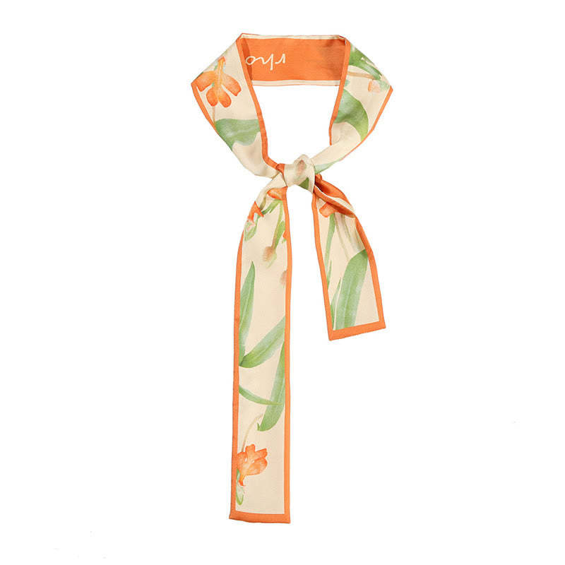 Dunhuang Frescoes Mountains Sunset Floral Pattern 100% Mulberry Twilly Silk Neck Hair Scarf