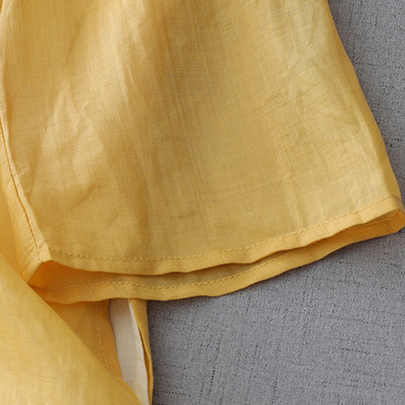 Solid Color Frog-Button Three Quarter Sleeve Double Layer Cotton Linen Shirt