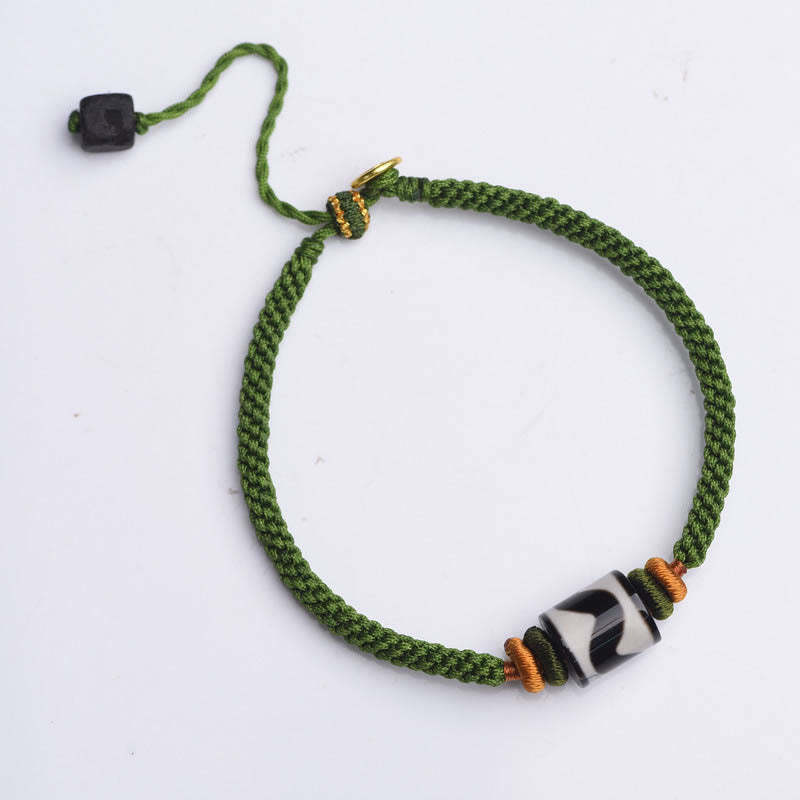 Handmade Tibetan Dzi Bead Protection Braided Green Rope Bracelet
